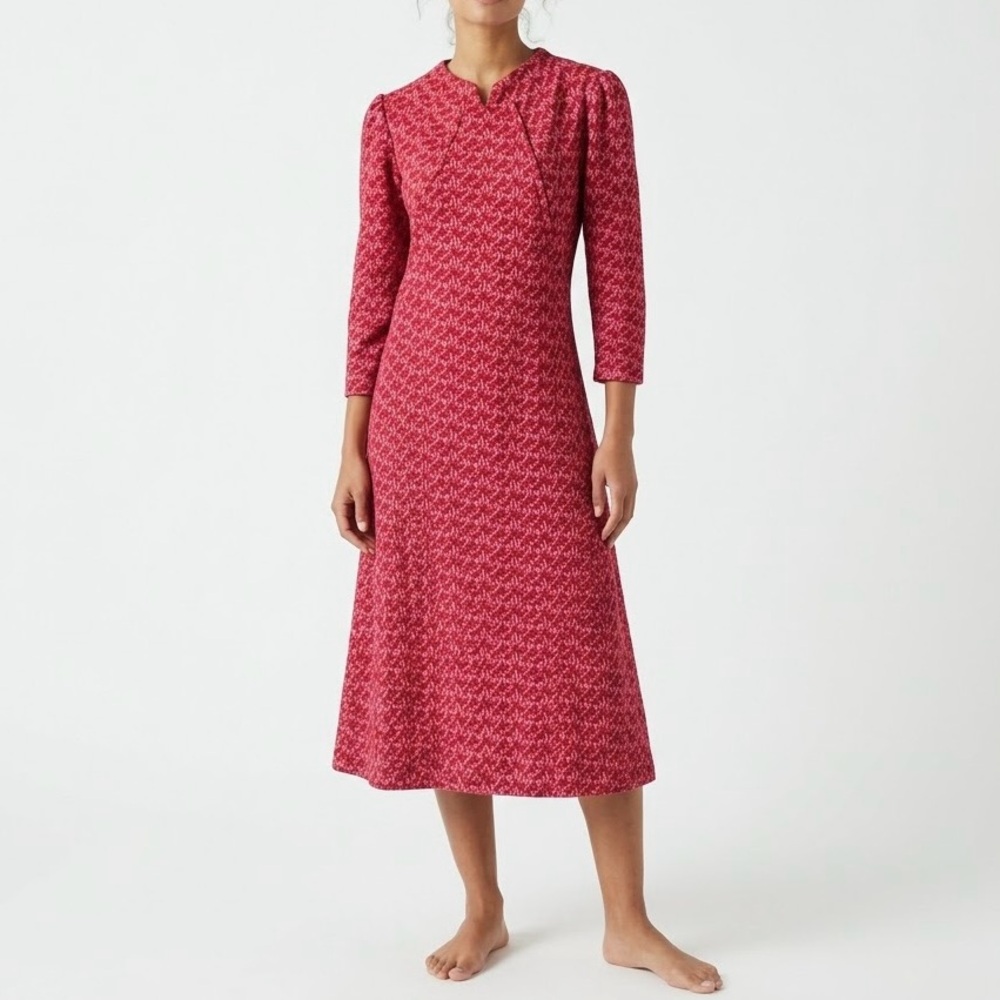 Vintage Handcrafted A-Line Midi Pink Red Geometric Mid Century 70’s House Dress